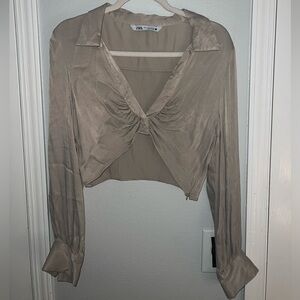 Zara Women's Beige Ruched Cropped Blouse